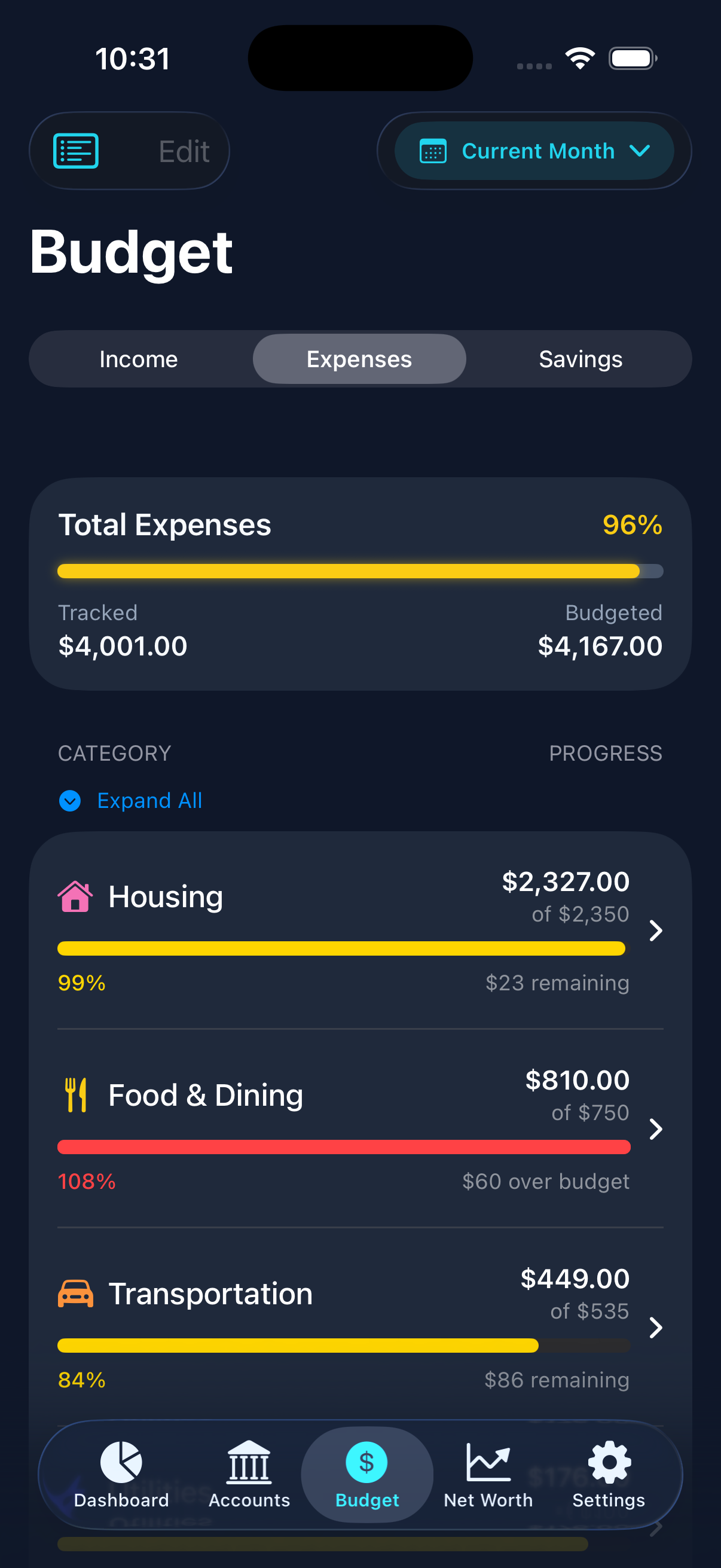 Connected and manual accounts in Melrose Financial (sample data)
