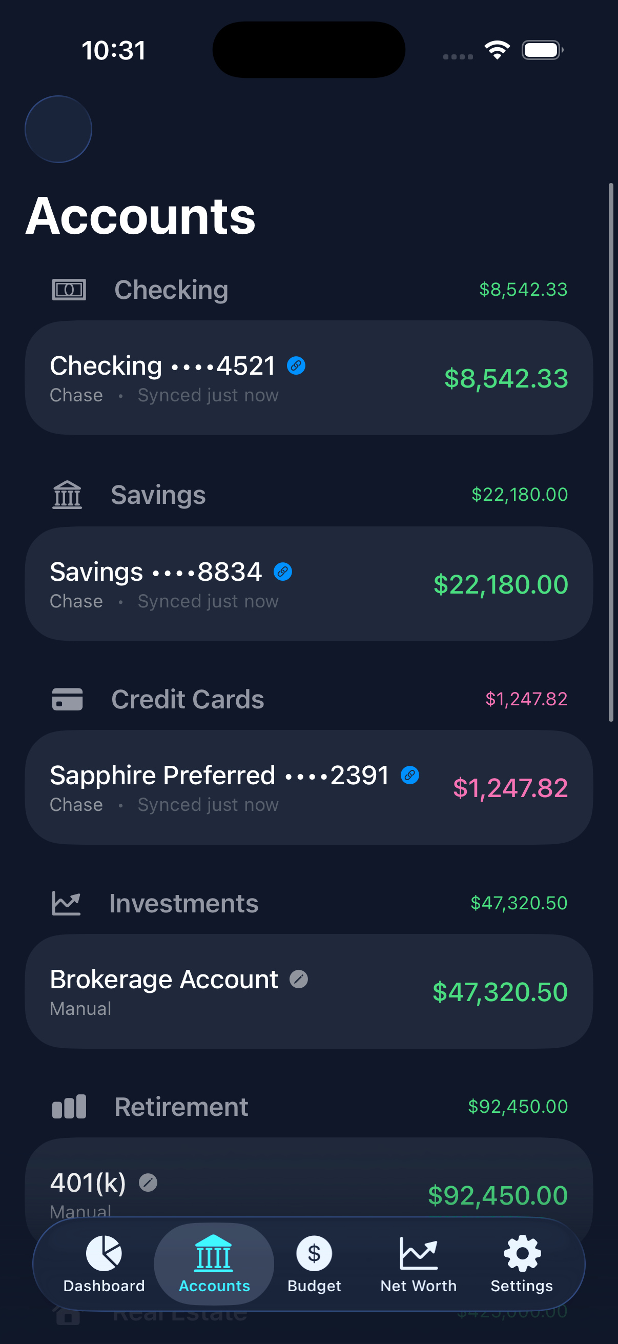 Category budgets with progress bars in Melrose Financial (sample data)