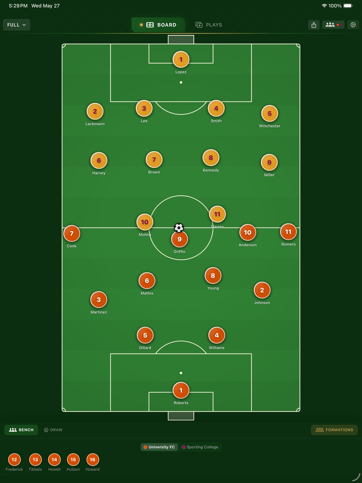 A full formation on the larger TouchLine board on iPad
