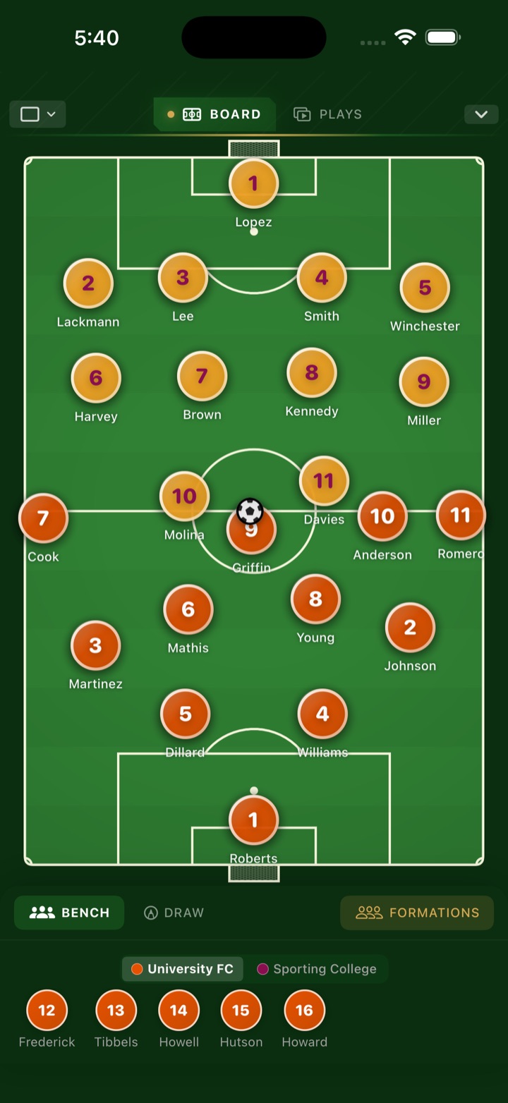 A full starting eleven laid out on the TouchLine pitch on iPhone